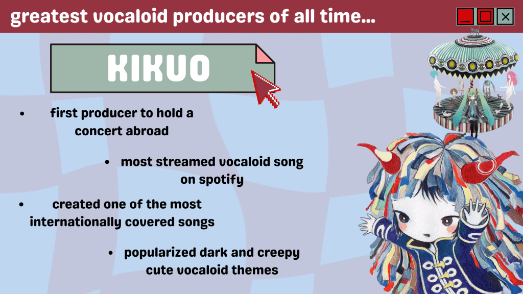 Illustration of KIKUO, one of the greatest Vocaloid producers, highlighting achievements like most streamed Vocaloid song on Spotify and international influence, with stylized anime characters and carousel background.